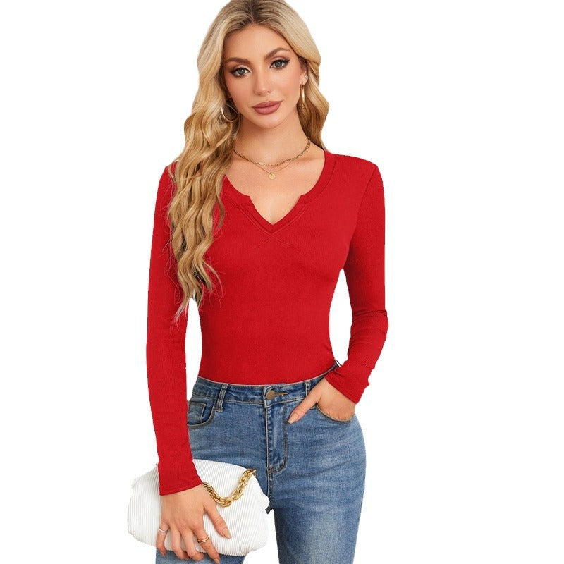 Women Fashion Casual Solid Color Strip Deep U-Neck Crossed Long-Sleeved T-Shirt