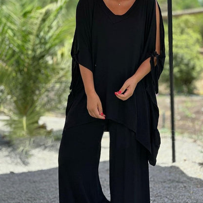 Conjunto de dos piezas para mujer, holgado, informal, con escote en V, pantalones de pierna ancha y talla grande
