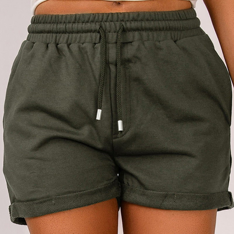 Women Casual Solid Color High Waist Elastic Belt Drawstring Bottom Hem Shorts