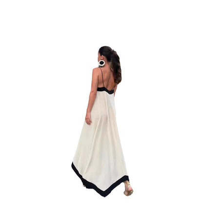 Women Summer Holiday Style Elegant Contrast V-Neck Spaghetti Sling Casual Maxi Dress