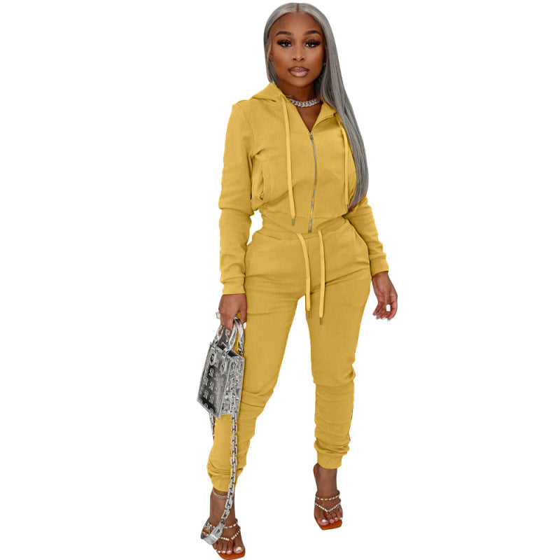 Conjunto deportivo informal de top y pantalón de manga larga con capucha y cremallera de color liso para mujer