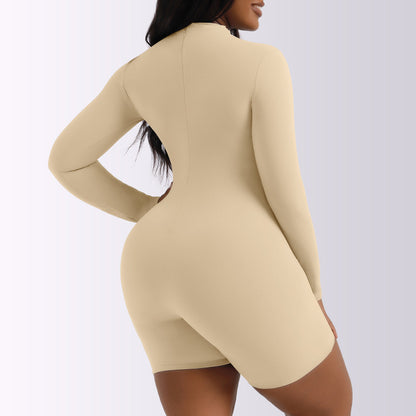 Mono informal de color liso con manga larga, cuello redondo y cintura sencilla para mujer