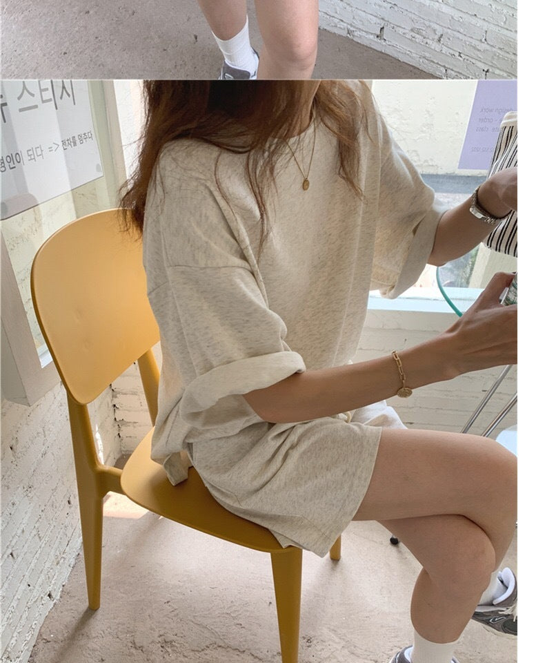 Women Fashion Casual Solid Color Round Neck Short Sleeve Top Shorts Sports Set