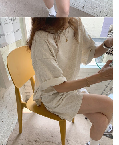 Women Fashion Casual Solid Color Round Neck Short Sleeve Top Shorts Sports Set
