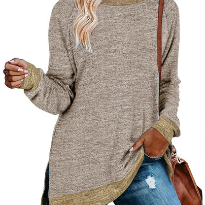 Camiseta informal de manga larga con cuello redondo y abertura en color para mujer