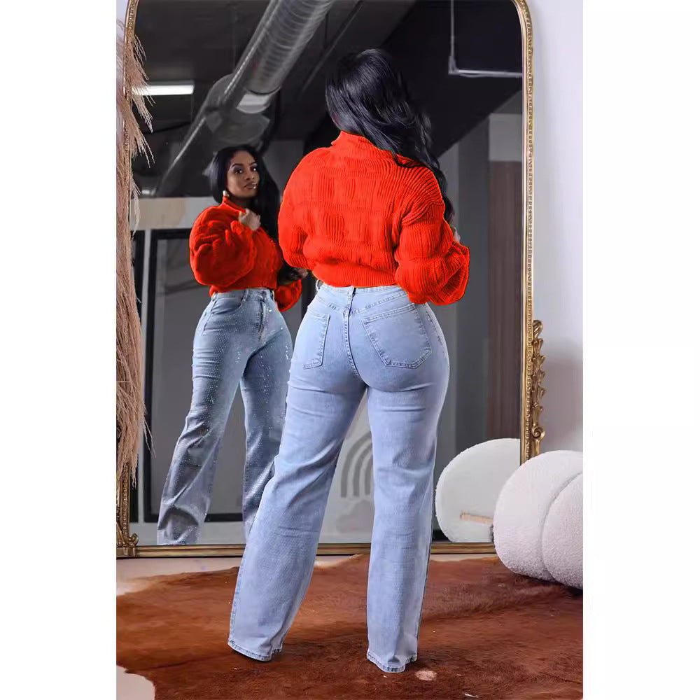 Women Casual Loose Solid Color Zipper Lapel Knitted Sweater