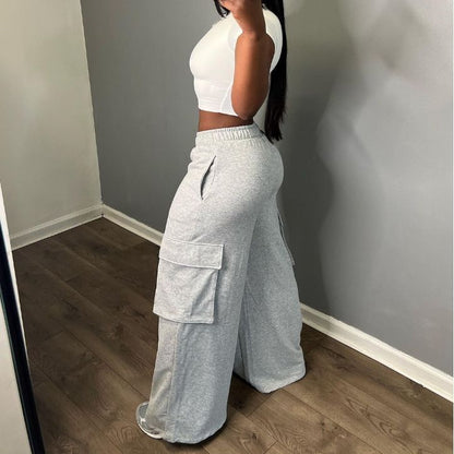 Women Fashion Casual High Waist Wide Legs Cargo Pants