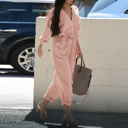 Women Fashion Casual Button Belt Cargo Jumpsuits