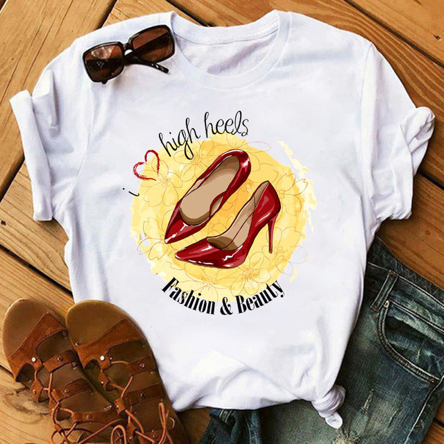Camiseta informal de manga corta con cuello redondo y estampado de labios para mujer