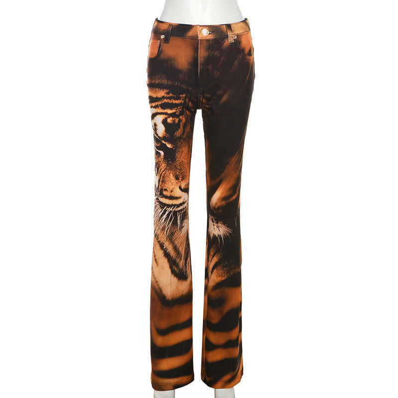 Pantalones microacampanados con estampado de tigre para mujer