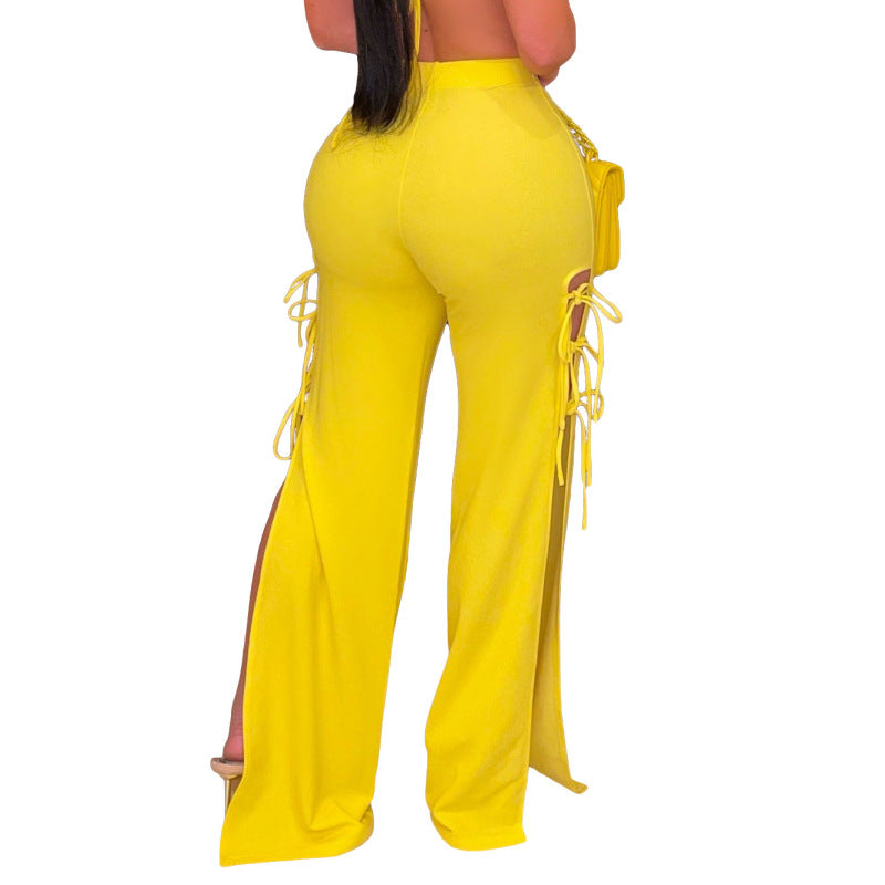 Pantalones casuales de cintura alta con abertura y cordones de color liso para mujer
