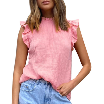 Blusa informal de gasa sin mangas con volantes y costuras de color liso para mujer