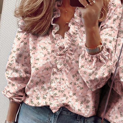 Blusa informal con cuello en V y mangas farol con volantes para mujer