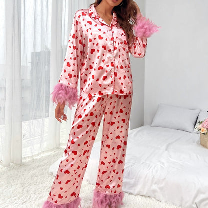 Spring Women Valentine'S Day Sweet Love Heart Print Casual Loungewear Set Feather Plush Pajamas