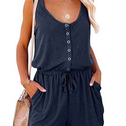 Summer Women Fashion Casual Solid Color Sleeveless Defined Waist Lace-Up Rompers