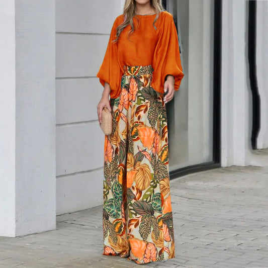 Conjunto de dos piezas para mujer, informal, con mangas abullonadas, top holgado y pantalones anchos estampados