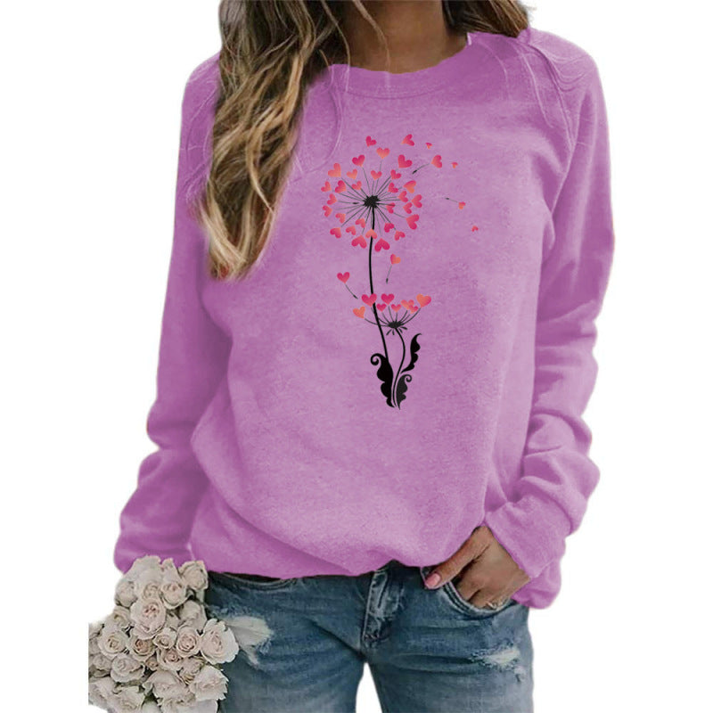 Sudadera holgada informal con estampado de diente de león y corazón para mujer, cuello redondo y manga larga