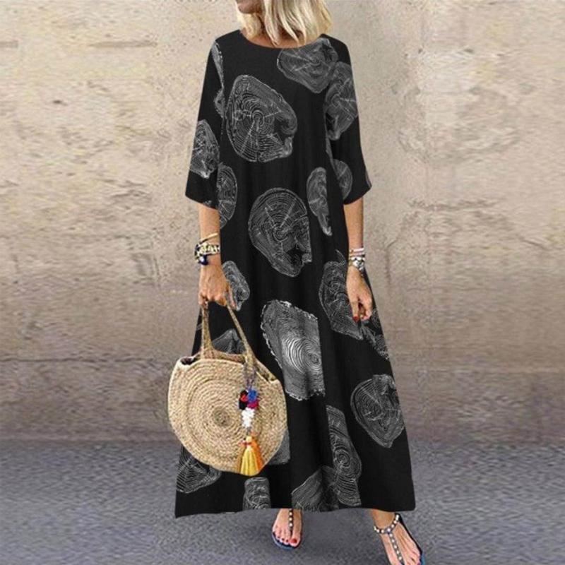 Women Casual Vintage Half Sleeve Round Neck Loose Maxi Dress