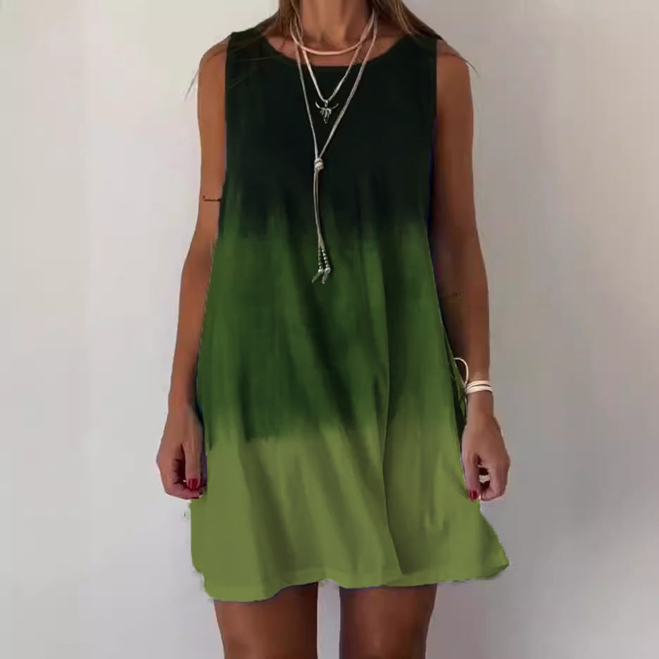 Women Casual Round Neck Gradient Print Loose Dress