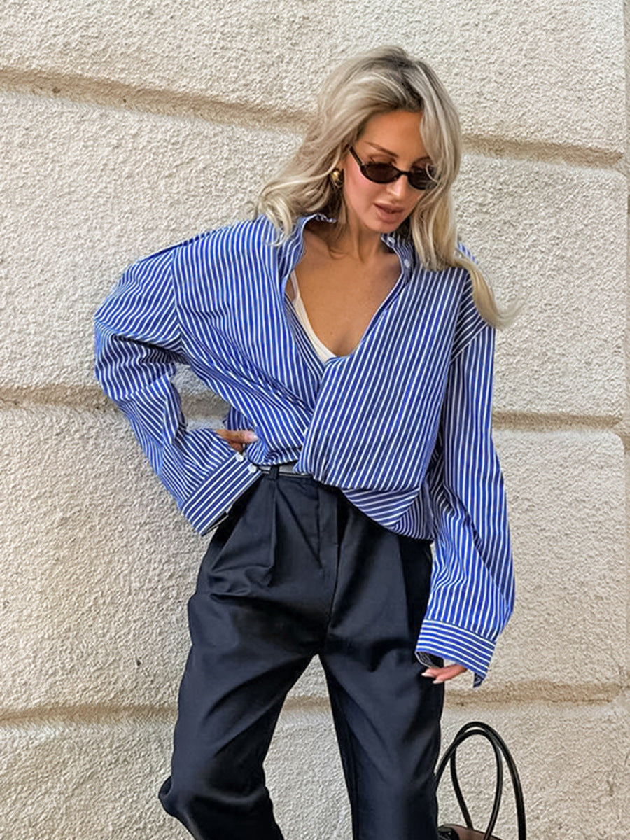 Blusa informal de manga larga con botones y rayas azules para mujer