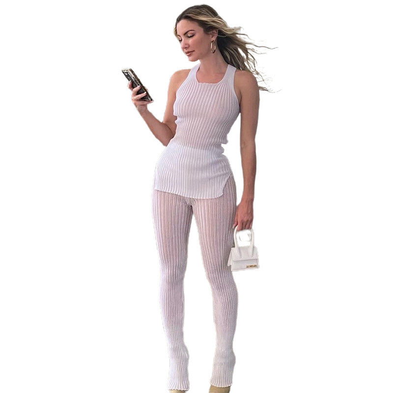 Conjunto informal de camiseta sin mangas con abertura y pantalones ajustados transparentes para mujer