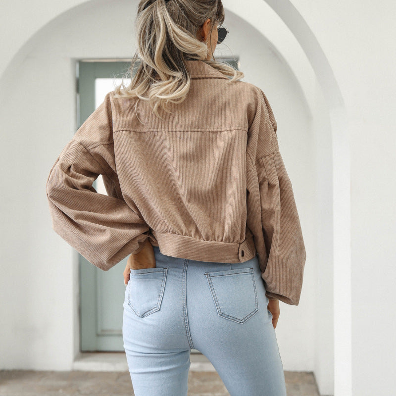 Women Fashion Casual Solid Color Corduroy Single-Breasted Sleeve Lantern Jacket