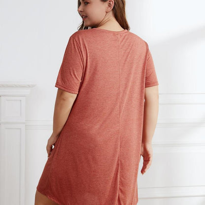 Plus Size Women Casual Summer Short Sleeve Solid Color V Neck Loose Dress