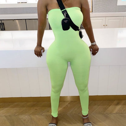 Women Casual Wrap Chest Tight Solid Color Jumpsuit