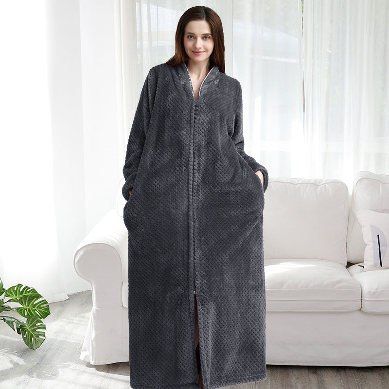Couples Winter Fashion Casual Home Solid Color Flannel V Neck Long Sleeve Zipper Robes Sleepwear
