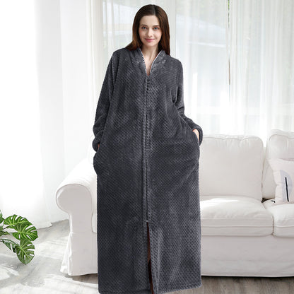 Couples Winter Fashion Casual Home Solid Color Flannel V Neck Long Sleeve Zipper Robes Sleepwear