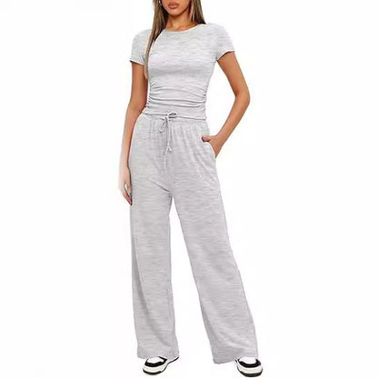 Conjunto de dos piezas de top y pantalón de manga corta de color liso informal para mujer