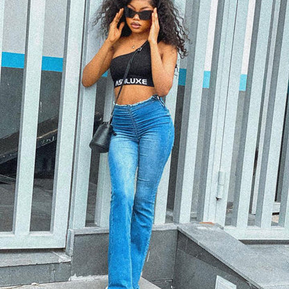 Vaqueros rectos elásticos de cintura alta informales a la moda para mujer