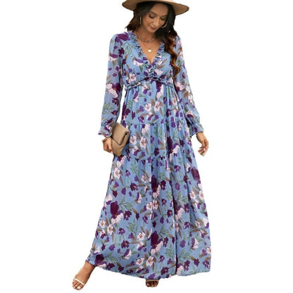 Women Ruffled Layered Long-Sleeve Tiny Flower Pullover V-Neck Casual Maxi Dress