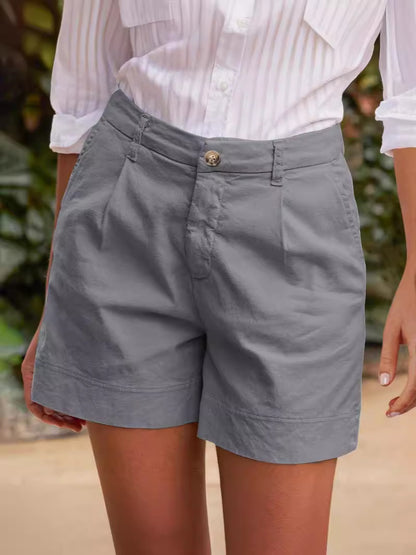 Women Fashion Casual Solid Color Cotton And Linen Shorts