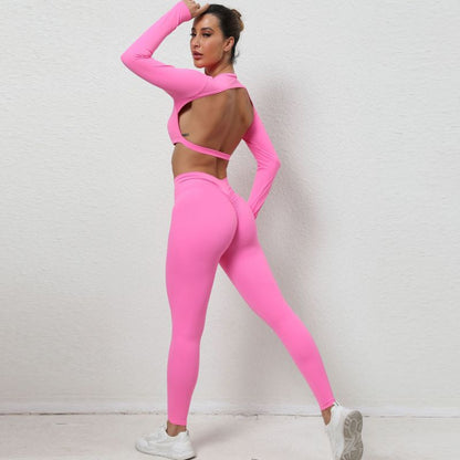 Women Fashion Casual Solid Color Backless Long Sleeve Yoga Tight Sports Suit