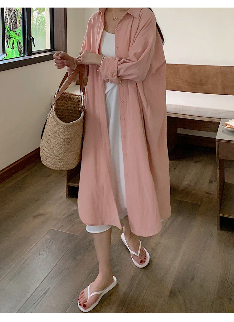 Women Casual Cozy Style Simple Ultra-Long Shirt Solid Color Lapel Cardigan Long Blouse