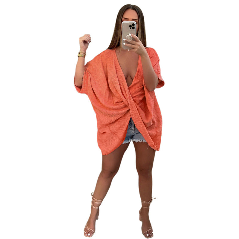Blusa informal de color liso con cuello en V y nudo para mujer