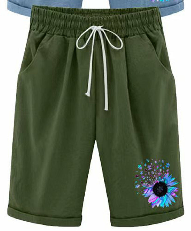 Women Casual Solid Color Printed High Waist Cotton Linen Shorts