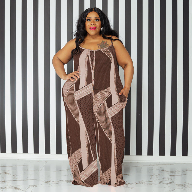 Plus Size Women Sling Print Loose Casual Jumpsuit