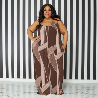 Plus Size Women Sling Print Loose Casual Jumpsuit