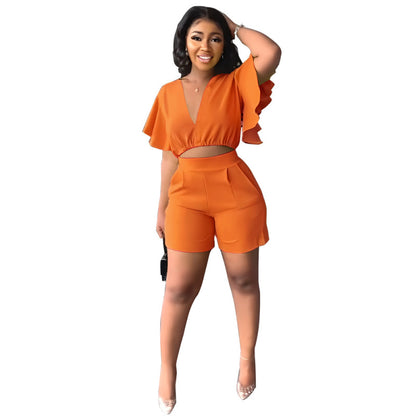Conjunto de dos piezas de verano para mujer: top corto con cuello en V y pantalones cortos informales con volantes