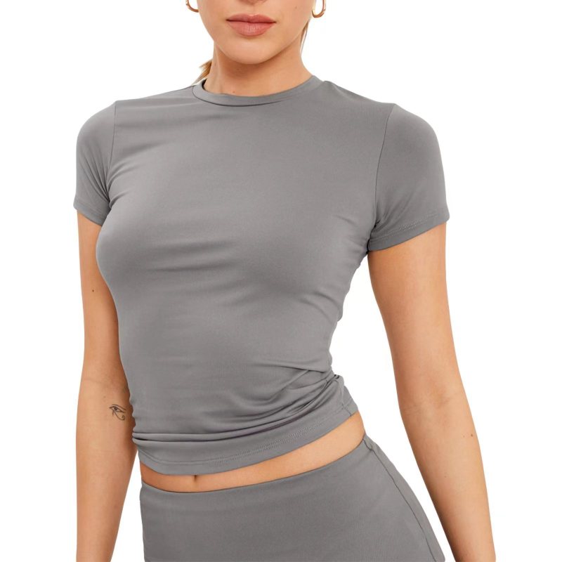 Camiseta informal de verano para mujer, color liso, cuello redondo, manga corta, sin mangas
