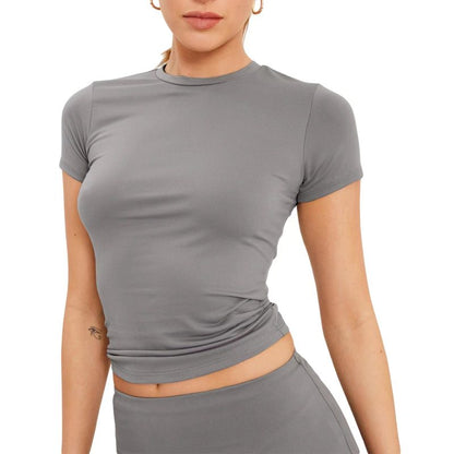 Camiseta informal de verano para mujer, color liso, cuello redondo, manga corta, sin mangas