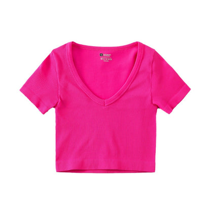 Women Fashion Casual Solid Color V-Neck Short-Sleeve Seamless Yoga Sports T-Shirt