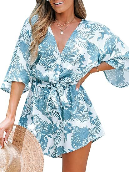 Women Fashion Casual Printed V-Neck Short-Sleeve Lace-Up Rompers