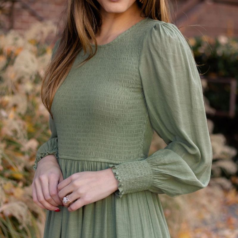 Vestido midi liso con mangas abullonadas y cuello redondo vintage informal para mujer de otoño e invierno