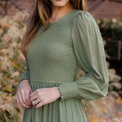 Vestido midi liso con mangas abullonadas y cuello redondo vintage informal para mujer de otoño e invierno