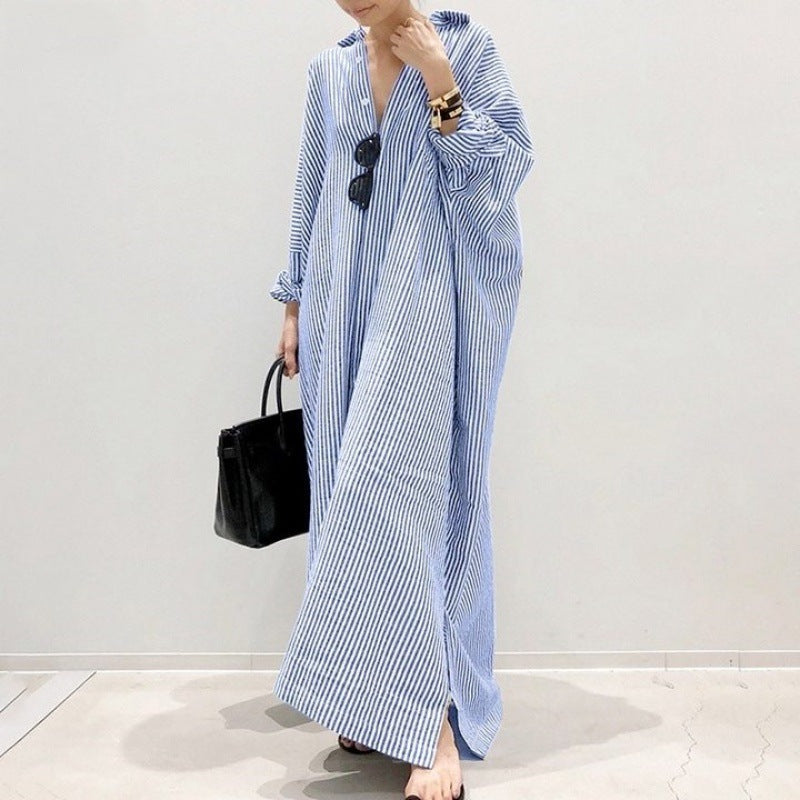 Women Fashion Casual Loose Stripe Cardigan Long Sleeve Maxi Dress