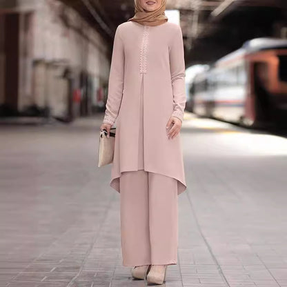 Conjunto informal de abaya de color liso con manga larga y encaje para mujer
