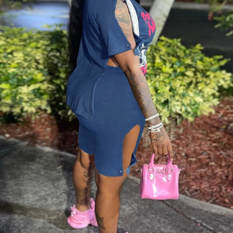 Plus Size Women Casual Short Sleeves Top And Shorts Fringed Print Two-Piece Set